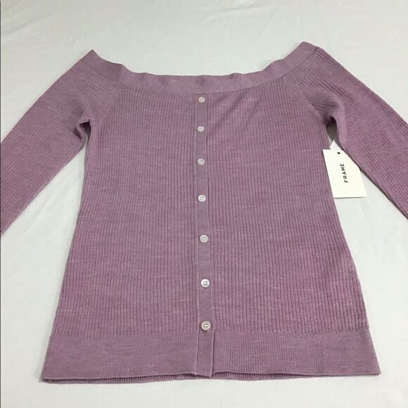 Frame Denim Lavender Off The Shoulder Ribbed Button Detail Cardigan Size M NWT - Picture 2 of 9